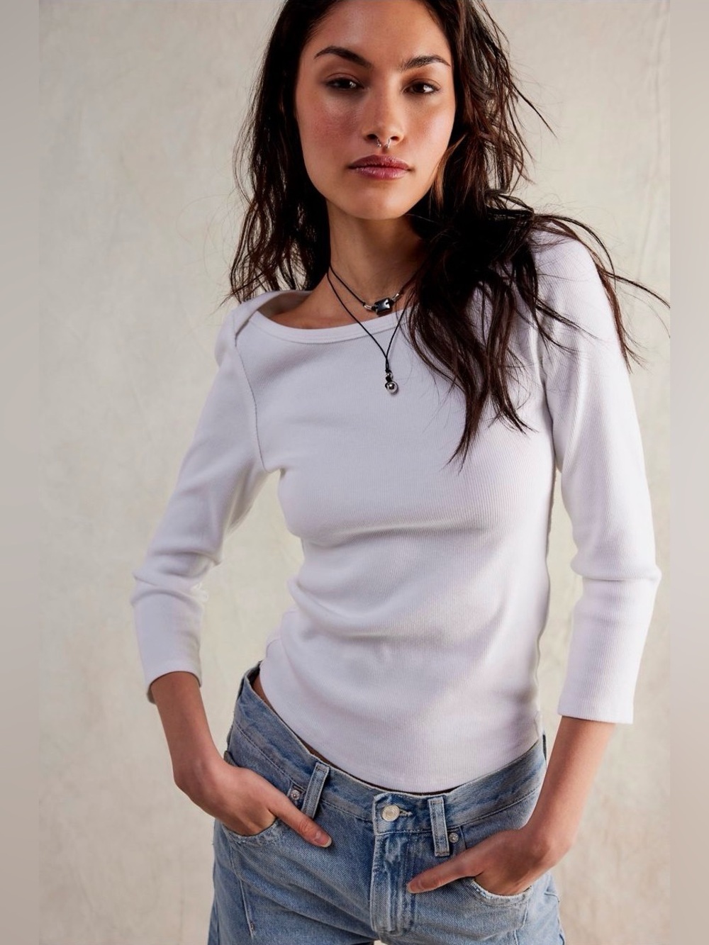 WE THE FREE OPTIC WHITE LONG SLEEVE TOP w/ RIBBED SLEEVES